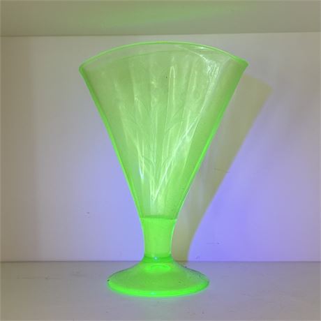 Floral Etched Vaseline Glass Fan Vase - 8.5"H