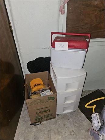 Rubbermaid Cooler, Plastic Storage Drawers & Box Full Of Misc Household