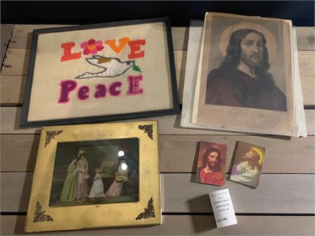 Head Portraits of Jesus Christ, Needlepoint Frame Love/Peace Dove Wall Art