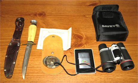 Hunting Knife, Belt Buckle, Zippo, Binoculars