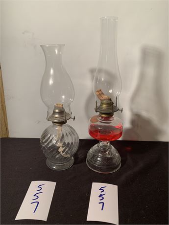 Vintage Clear Glass Oil Lamp With Orange/Red Oil & Small Clear Glass Oil Lamp