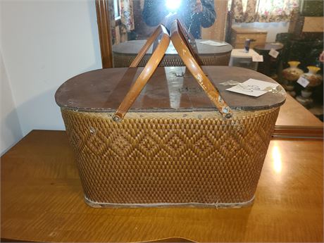 Vintage Wood & Woven Picnic Basket