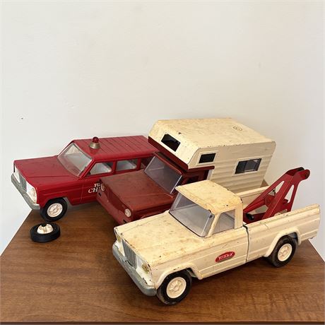Vintage Tonka Pressed Steel Fire Truck, Camper Jeep & Tow Truck