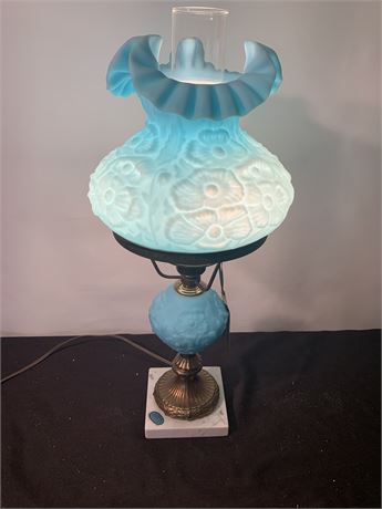 Fenton Ruffled Poppy Student Lamp Blue Satin Custard Glass Marble Base