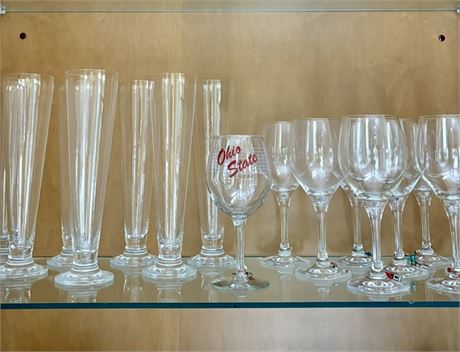 Barware Shelf Lot with 11"T Pilsner and Wine Glasses