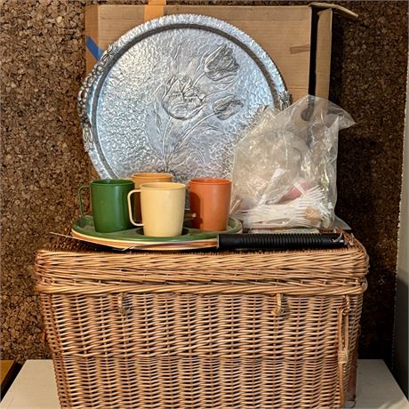 Vintage Wicker Picnic Basket, Luster Ware Dishes and Rodney Kent Serving Tray