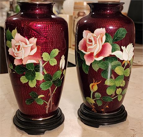 Vintage Pair Japanese Red Pigeon Blood Cloisonne Enamel Vases