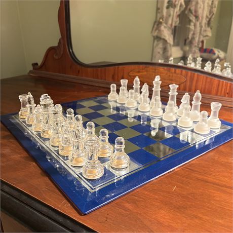 Glass Chess Set w/ Blue & Clear Board