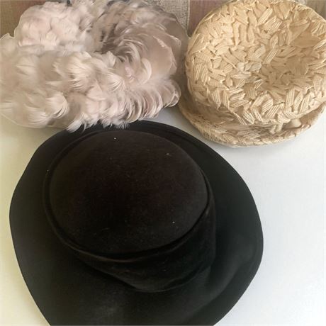 Pink Feather Juju Feather Hat, Beige Woven Rafia Hat W/Veil/Bow, Black Felt Hat