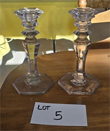 Vintage Crystal Glass Candlesticks w/ Paneled Stem & Octagon Base