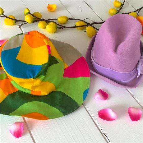 Ladys Bucket Hat Colorful Geometric Print & Neiman Marcus Purple Fedora