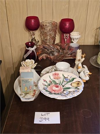 Mixed Decor Lot- Ruby Glass, HP Italian Cake Plate, Se Yei Peony Place Setting,
