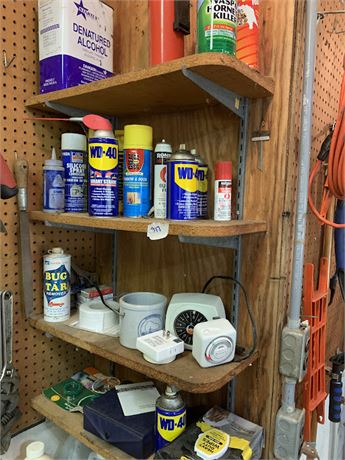 4 Tier Shelf Clean Out Chemicals Lot WD-40 Timers Butane Silicone Spray & More