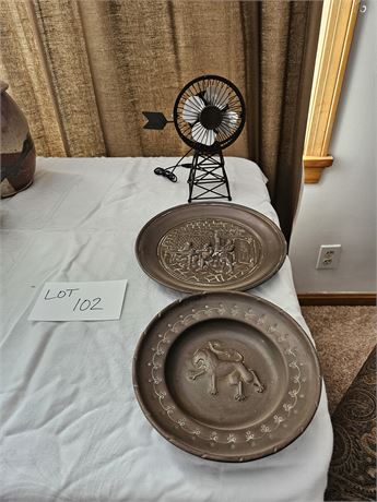 Vintage Copper 1970's Wall Plate & Mini Desk Fan