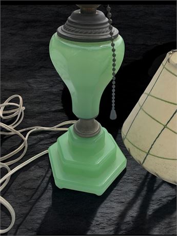 MCM Jadeite & Cast Iron Boudoir Table Lamp W/Leather Whipstitch Lamp Shade
