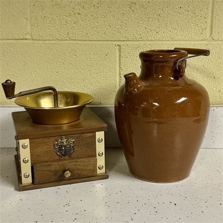 Vintage Gail Craft Coffee Grinder and Stoneware Jug Vase (9.5"T)