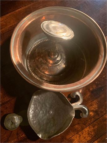 U.S. Quality Enameled Funnel, Candlestick Holder, Hammered Copper Bowl/Cauldron