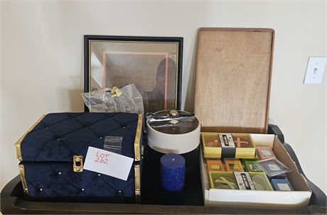 Mixed Decor Lot- Ice Bucket, Wood Tray, Candles, Quilted Navy Box & More