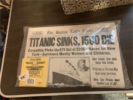 Boston Daily Globe Newspaper Titanic Sinks Collectible