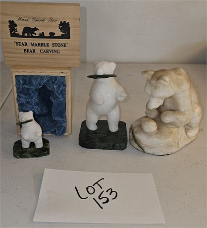 Star Marble Polar Bears With Jade Fish & Mount, Marble Grizzly Bear