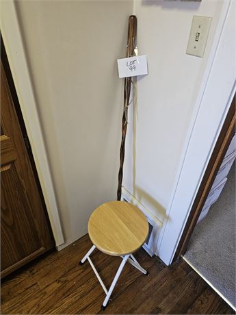 Folding Stool & Twisted Wood Hiking Stick