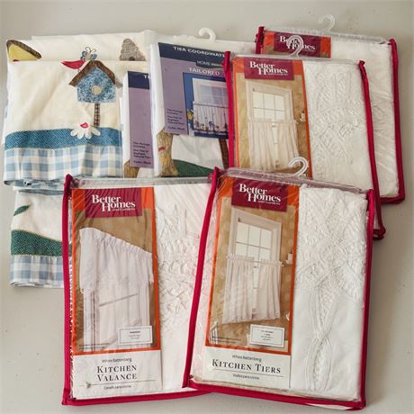New & Used Kitchen Curtain Tiers & Valances - White Battenberg & Birdhouse Motif