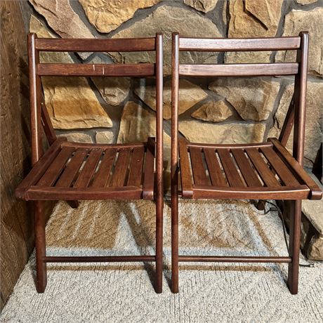 Pair of Vintage Slatted Back Folding Wood Chairs