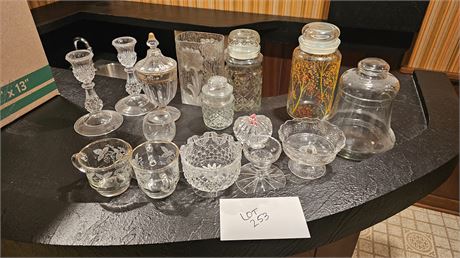 Clear Glass Lot: Candle Sticks, Creamer/Sugar, Storage & More