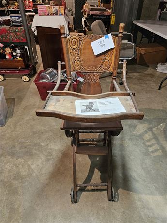 Antique Oak Fold Up & Down High Chair with Pressed Back Design