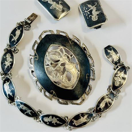 Vintage SIAM Sterling Bracelet, Brooch & Earrings Jewelry Set