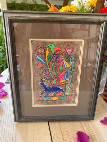 Mexican Folk Art Colorful Bird/Floral Painting on Amate Bark Paper & Framed