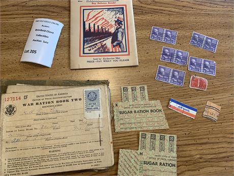 WWII U.S. Ration Book, 3 Cent Prexie Stamps & US War WIB Bond Booklet/Comic