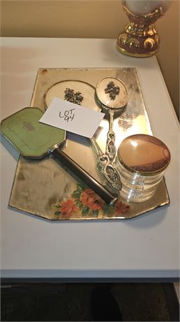Vintage Mixed Vanity Hand Mirrors, Powder Box & Rose Transfer Mirror