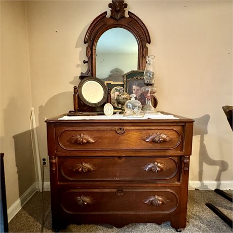 Antique Carved Wood Dresser on Casters