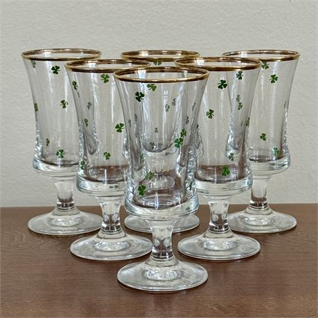 Mid-Century Footed Shamrock Gold Rimmed Cordial or Liqueur Glasses Set