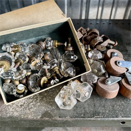 Collection of Old Glass Drawer Pulls and Caster Sets
