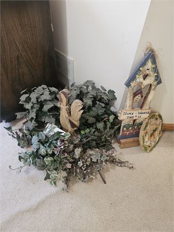 Mixed Decor Lot- Faux Greenery, Wood Primitive Style Figurines & More