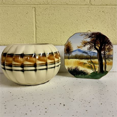 Vintage Planter and Hand Painted Wall Pocket