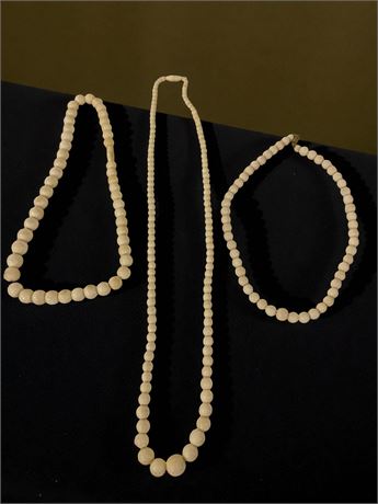 Carved Ivory Colored Bone Bead Necklace Set of 3