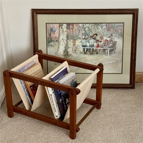 Vintage Book and Magazine Holder and Framed Country Print