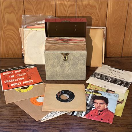 Nice Lot of 45 rpm Records and Terrific Vintage Case