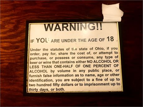 Framed Ohio Law Underage Warning Sign (Bar)