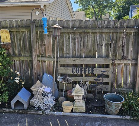 Mixed Yard Decor: Metal Work, Shepards Hooks, Concrete Elephant, Coffee Station