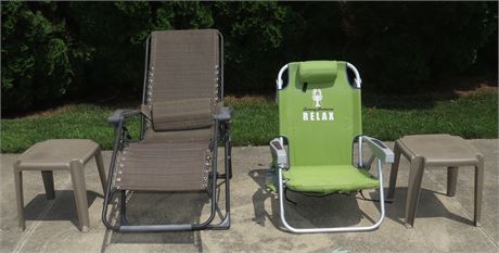 Anti-Gravity Chair, Beach Chair, 2 Small Plastic Tables