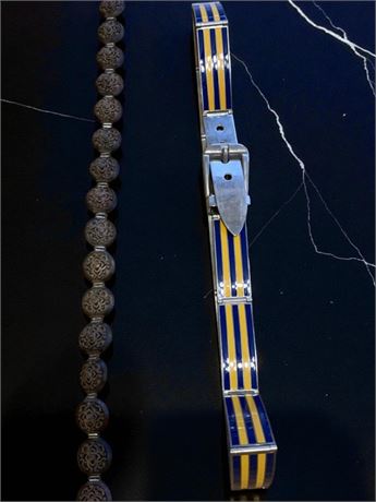 1970s Gucci Blue/Yellow Striped Enamel Metal Belt W/Silver-Tone Buckle