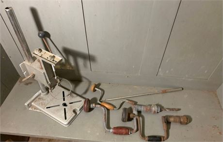 Vintage Hand Augers & Drill Holder Lot
