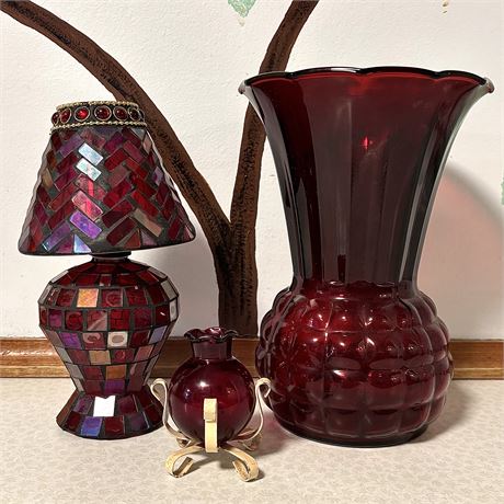 Decorative Red Glass Bundle w/ Candle Lamp and Large Vase (8.75"T)