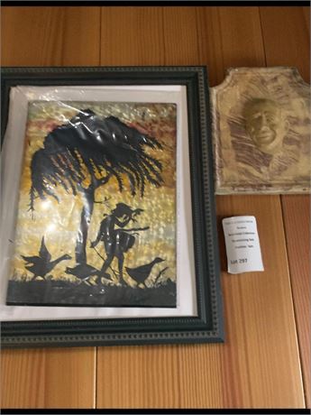 Vintage Silhouette Foil Art Piece & 3D Wall Art Face Sculpture