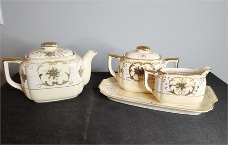 Porcelain Morimura Made in Japan, Vtg.Gold Encrusted 3- Piece Tea Set w/Tray