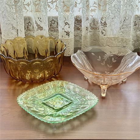 Vaseline, Pink and Amber Depression Glass Pieces